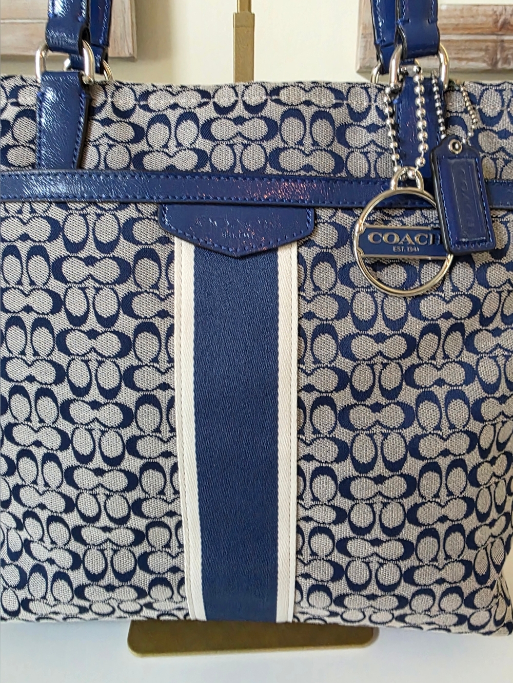 Coach Signature Stripe Tote Blue Jacquard Y2K Shoulder Bag - Picture 4 of 14